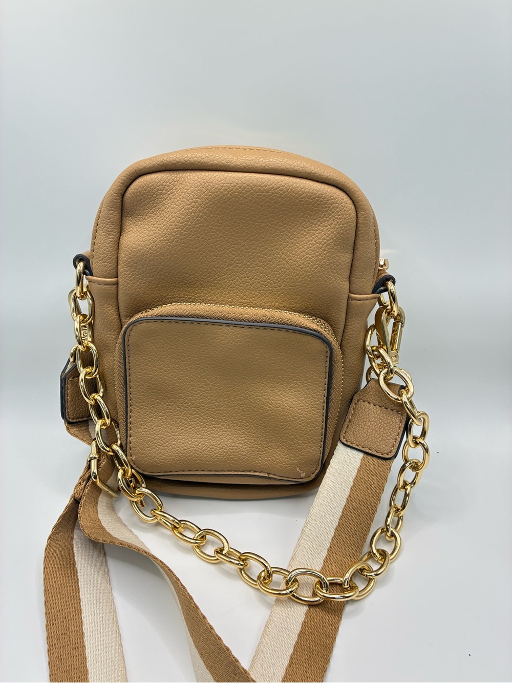 Neutral Tan Crossbody Bag with Gold Chain and Striped Strap